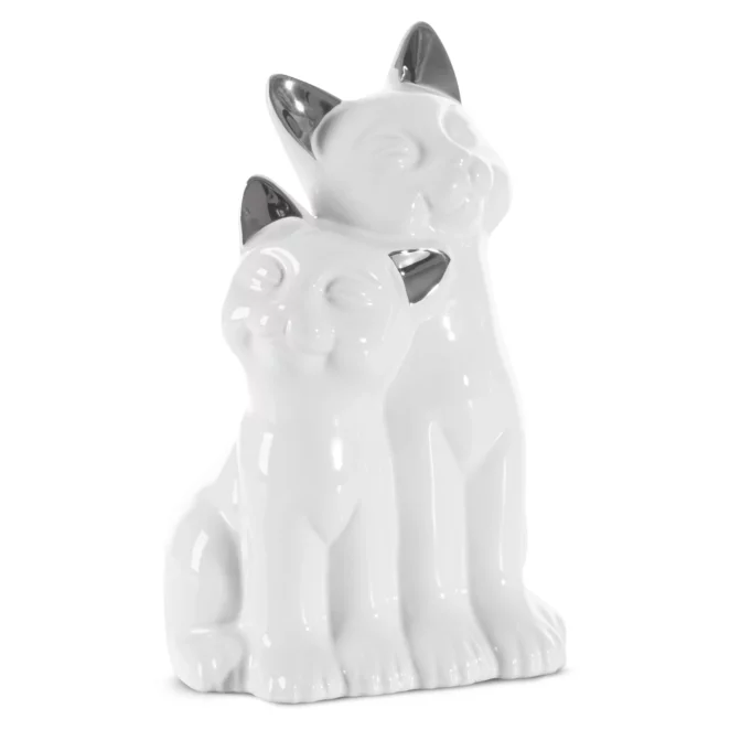 Figurka ceramiczna biało-srebrna kot  14x12x22 cm