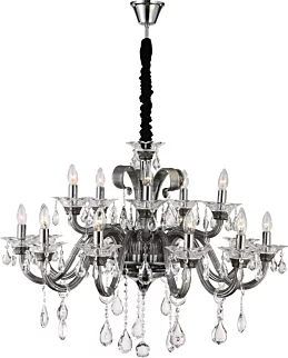 Lampa wisząca do salonu srebrno, transparentna  piętnastoramienny żyrandol z kryształami 95 x 70 cm GLITTER