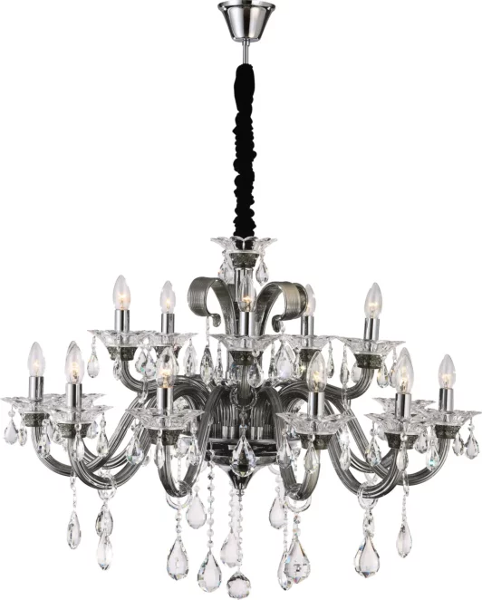 Lampa wisząca do salonu srebrno, transparentna  piętnastoramienny żyrandol z kryształami 95 x 70 cm GLITTER