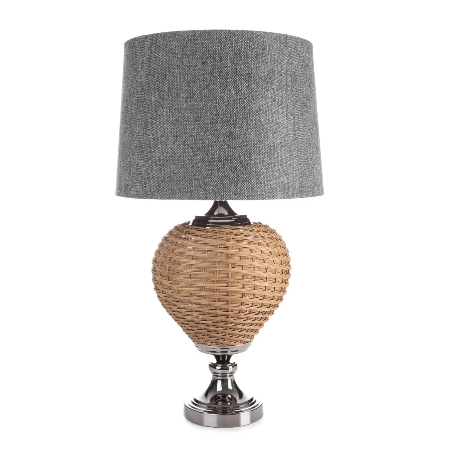 Lampa stołowa do pokoju stalowo, beżowa  w stylu boho z plecioną podstawą i matowym abażurem 38 x 78 cm PATI