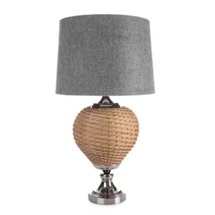 Lampa stołowa do pokoju stalowo, beżowa  w stylu boho z plecioną podstawą i matowym abażurem 38 x 78 cm PATI