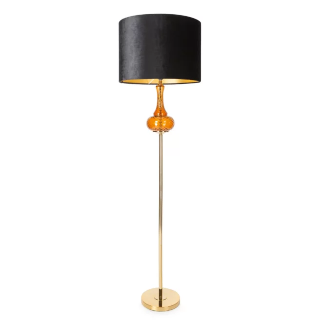 Lampa stojąca do salonu czarno, złota  zdobiona szklaną bombką i welwetowym abażurem 46 x 163 cm LILIANA