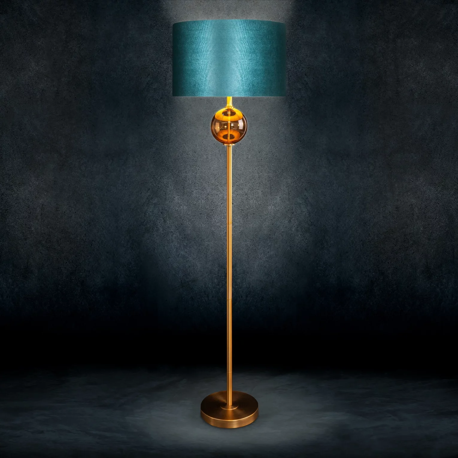 Lampa stojąca do pokoju turkusowo, złota  z podstawą łączącą szkło i metal oraz welwetowym abażurem 46 x 165 cm MUSA