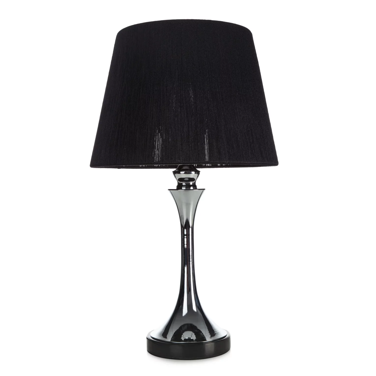 Lampa stołowa do salonu czarno, srebrna z ozdobną metalową podstawą i abażurem z matowej nici 26 x 60 cm ALINA
