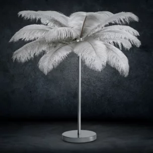Lampa stojąca do salonu srebrna na metalowej podstawie z niezwykle efektownym abażurem z naturalnych strusich piór 65 x 65 x 68 cm FERI