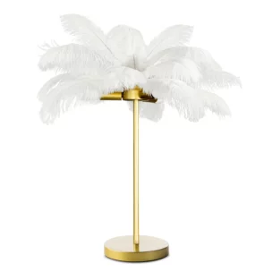 Lampa stołowa do salonu biało, złota na metalowej podstawie z niezwykle efektownym abażurem z naturalnych strusich piór 65 x 65 x 68 cm FERI