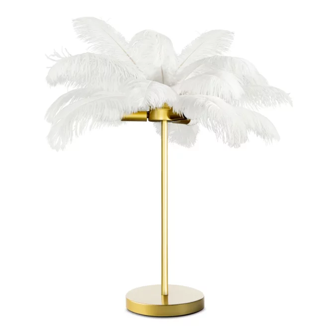 Lampa stołowa do salonu biało, złota na metalowej podstawie z niezwykle efektownym abażurem z naturalnych strusich piór 65 x 65 x 68 cm FERI
