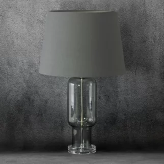 Lampa stołowa do kuchni popielata  podstawa z przezroczystego szkła z abażurem z matowej tkaniny 32 x 66 cm LILA
