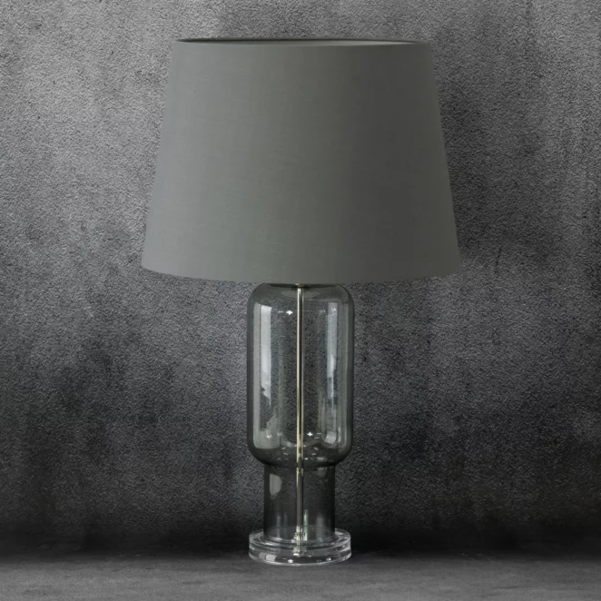 Lampa stołowa do kuchni popielata  podstawa z przezroczystego szkła z abażurem z matowej tkaniny 32 x 66 cm LILA