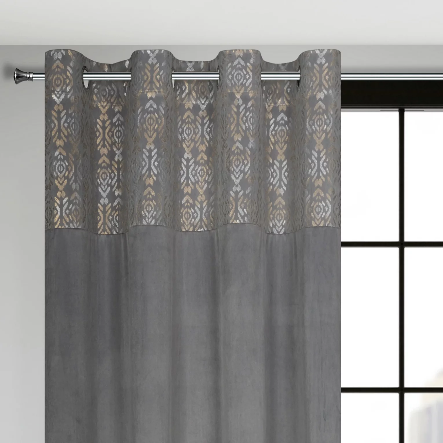 Zasłona stalowo, złota z dekoracyjnym pasem z welwetu 140x250 cm przelotka - LIZA