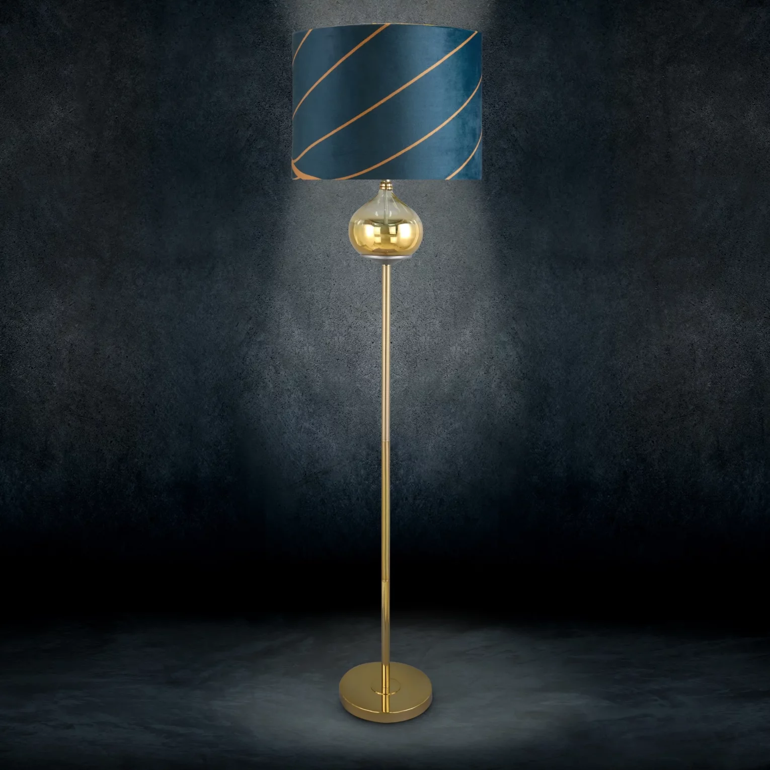 LIMITED COLLECTION Lampa stojąca LOTOS 2 ze szklaną ozdobą z efektem ombre i welwetowym abażurem HARMONIA TURKUSU