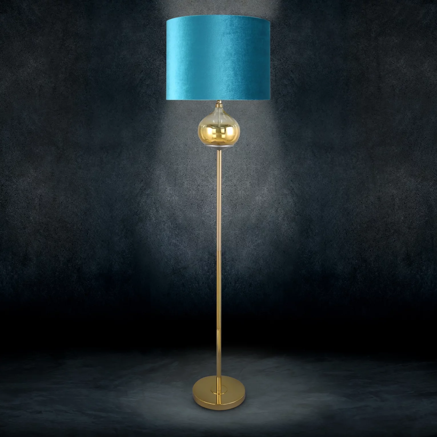 Lampa stojąca do pokoju turkusowo, złota  ze szklaną ozdobą z efektem ombre i welwetowym abażurem 43 x 157 cm LOTOS 9 LIMITED COLLECTION