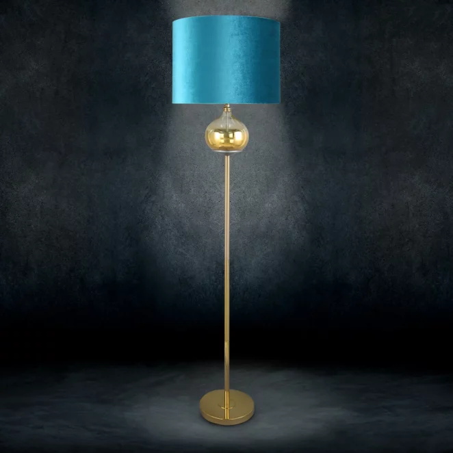 Lampa stojąca do pokoju turkusowo, złota  ze szklaną ozdobą z efektem ombre i welwetowym abażurem 43 x 157 cm LOTOS 9 LIMITED COLLECTION