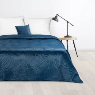 Narzuta welwetowa granatowa 170x210 cm pikowana metodą hot press we wzór liści palmy LUIZ Design 91