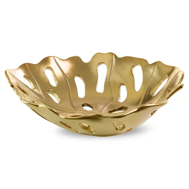 Patera ceramiczna dekoracyjna czarno-złota  w kształcie liścia monstery 37x30x10 cm MIRA