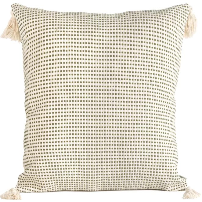 Poszewka na poduszkę 60x60 cm bawełniana zdobiona chwostami na rogach kremowo, oliwkowa MONTENEGRO Terra Collection