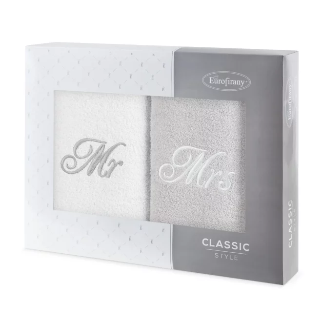 Zestaw ręczników bawełnianych na prezent 2 szt 50x90 cm z haftem MR&MRS kolor biały, popielaty 400 g/m2