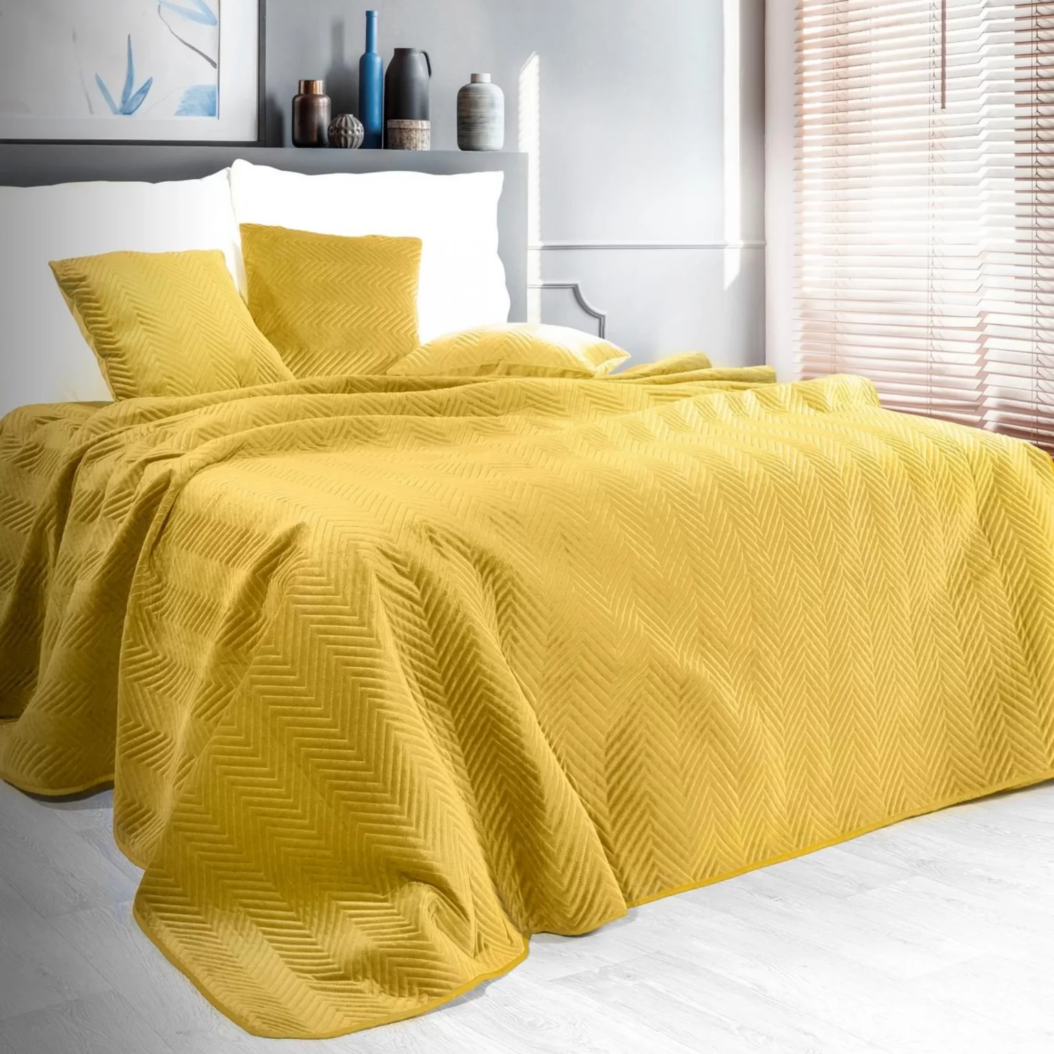Narzuta welwetowa musztardowa 200x220 cm pikowana w jodełkę metodą hot press SOFIA Eurofirany Premium