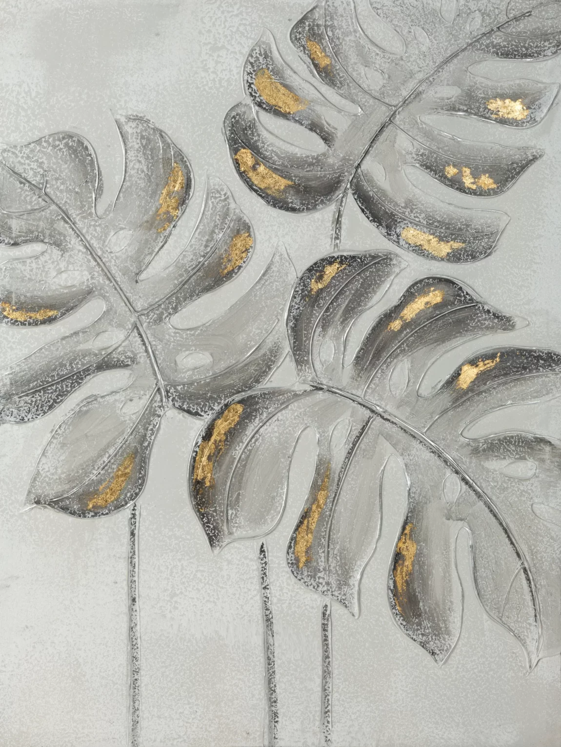 Obraz roślinny szaro, złoty ręcznie malowane na płótnie liście monstery 60x80 cm BOTANIC