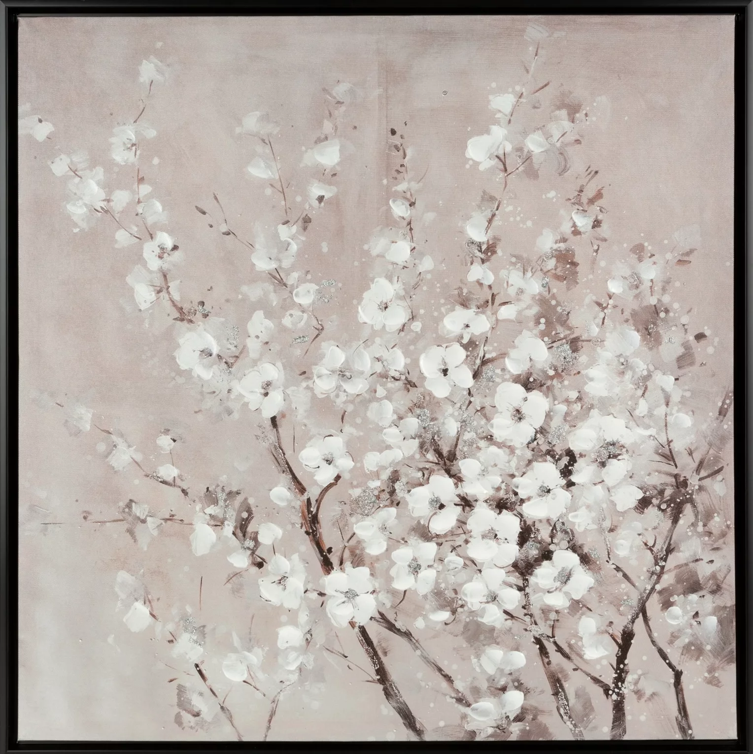 Obraz kwiatowy malowany na płótnie kwitnąca gałąź w czarnej ramie 60x60 cm BRANCH 1