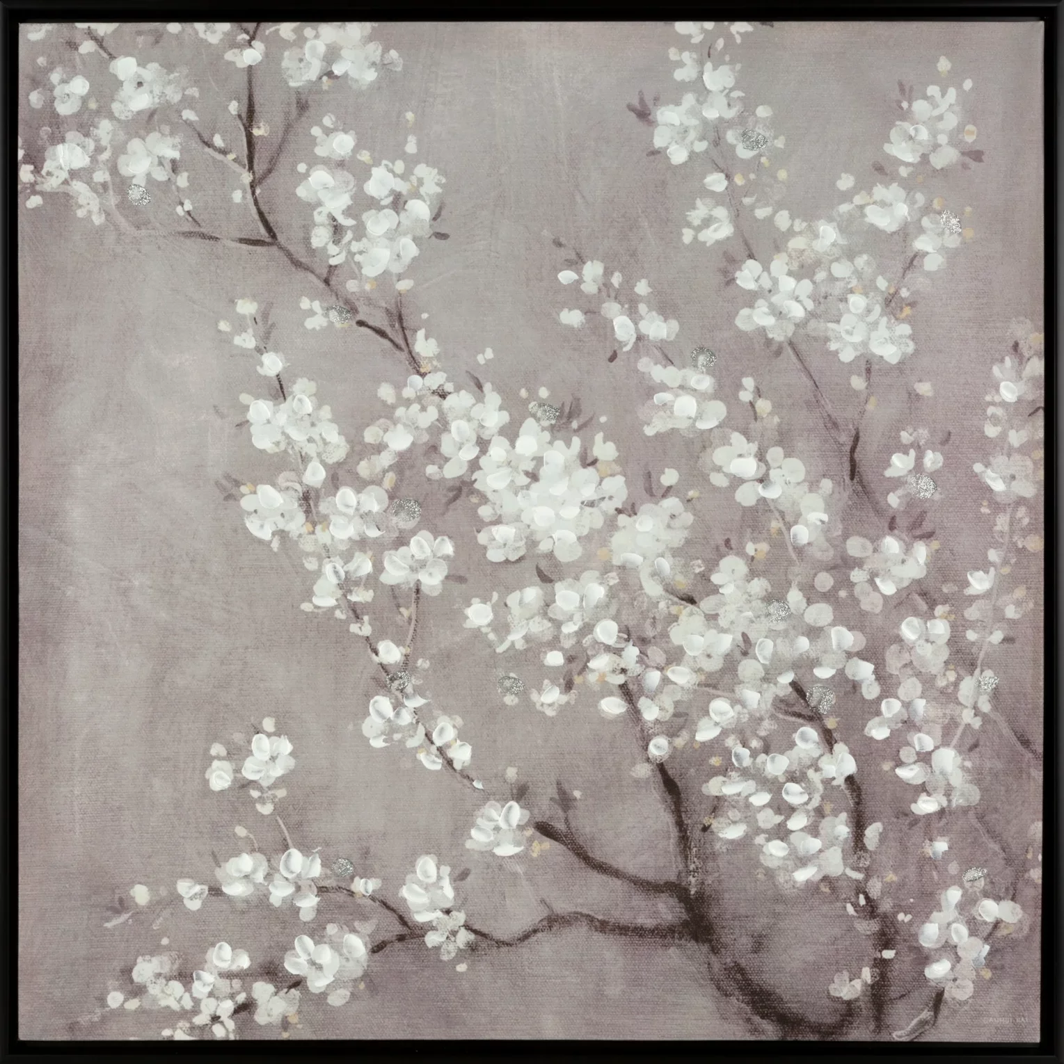 Obraz kwiatowy beżowy ręcznie malowany na płótnie kwitnąca gałąź w czarnej ramie 60x60 cm BRANCH