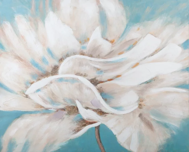 Obraz kwiatowy kremowo, niebieski ręcznie malowany na płótnie podkreślony złotymi akcentami 100x80 cm FLOWERY 2