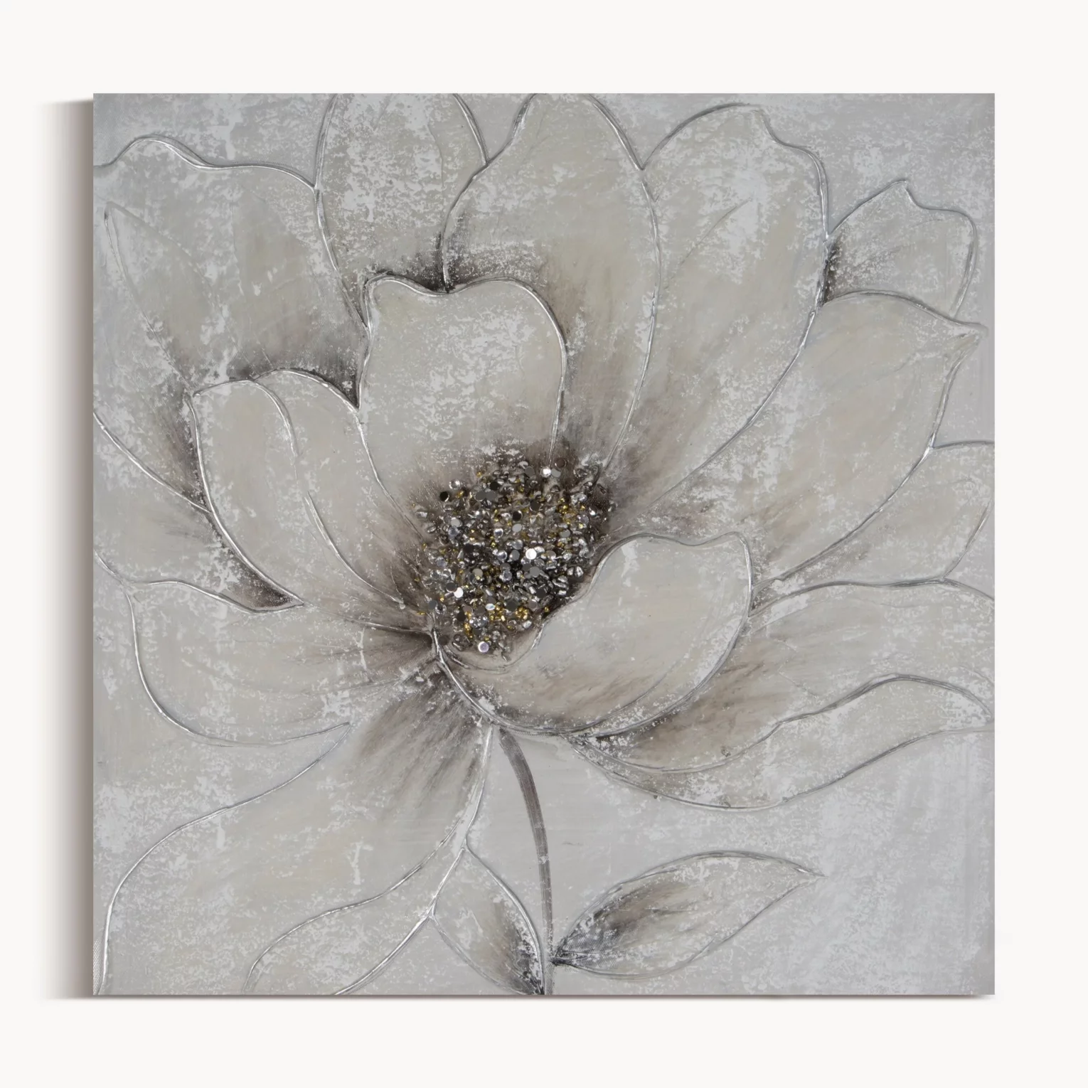 Obraz roślinny szaro, srebrzysty ręcznie malowany na płótnie kwiat z dodatkami cyrkonii 50x50 cm FLOWERY 2