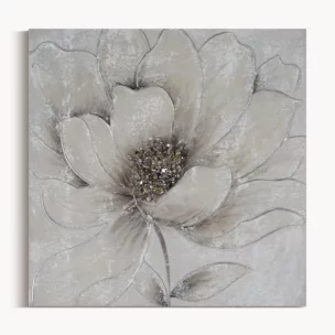 Obraz roślinny szaro, srebrzysty ręcznie malowany na płótnie kwiat z dodatkami cyrkonii 50x50 cm FLOWERY 2