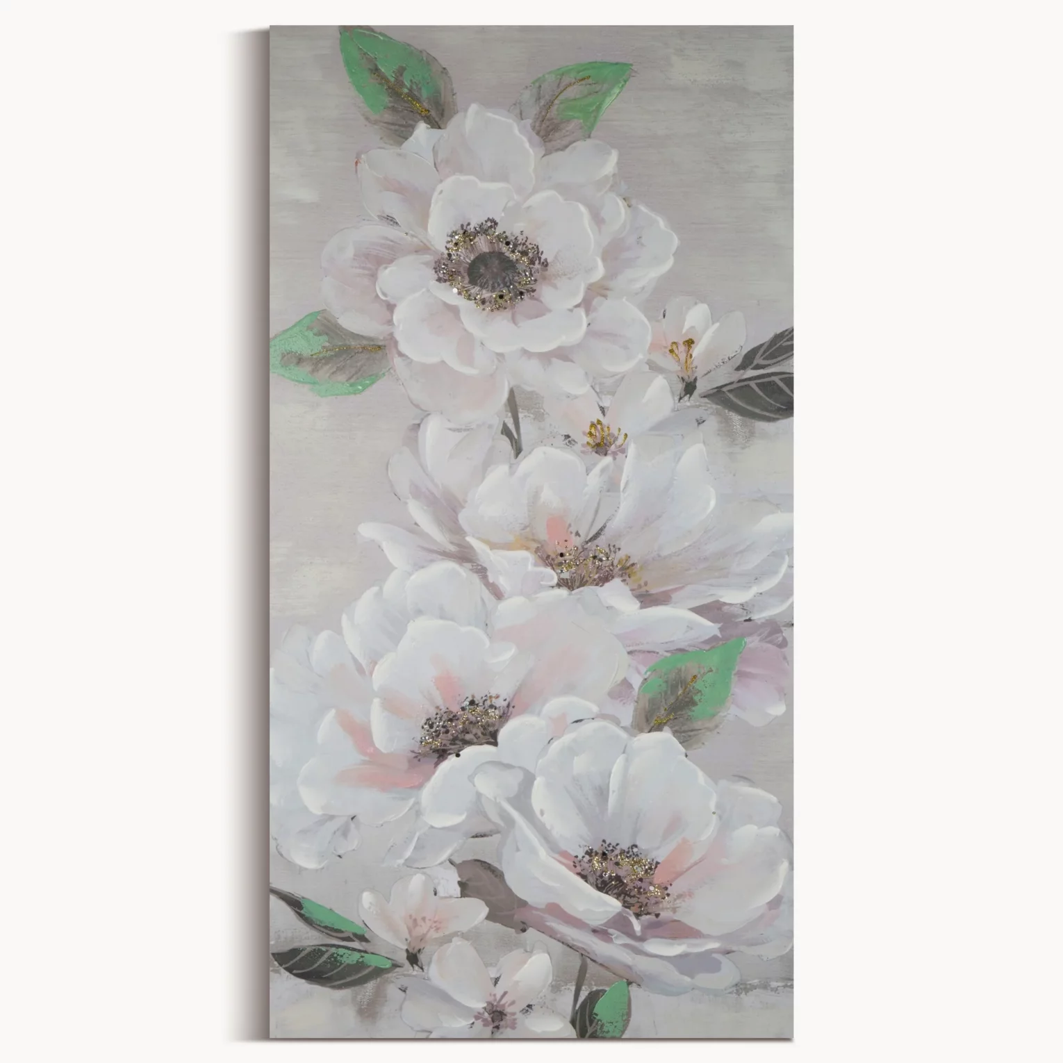 Obraz roślinny beżowo, zielony malowany ręcznie na płótnie 60x120 cm FLOWERY