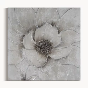 Obraz roślinny szaro, srebrzysty ręcznie malowany na płótnie kwiat z dodatkami cyrkonii 50x50 cm FLOWERY