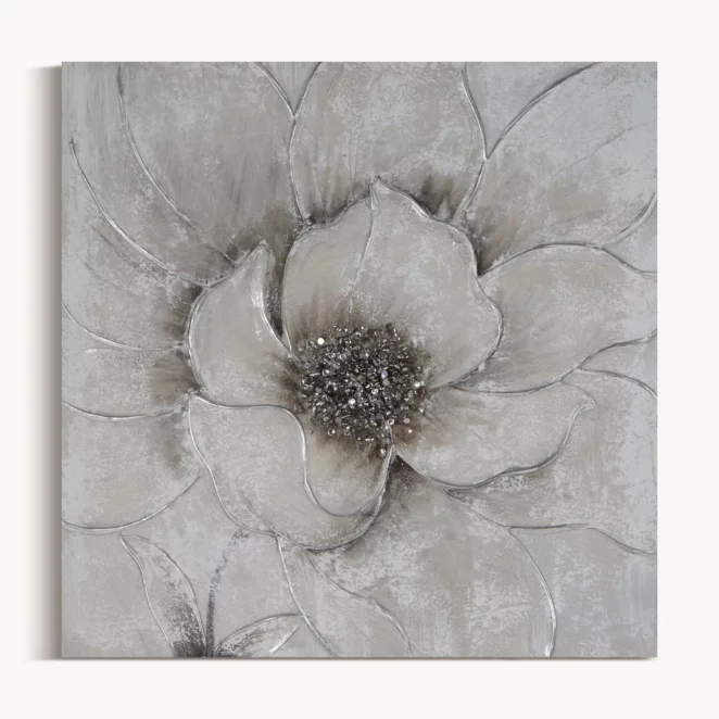 Obraz roślinny szaro, srebrzysty ręcznie malowany na płótnie kwiat z dodatkami cyrkonii 50x50 cm FLOWERY
