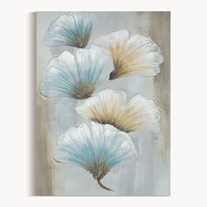 Obraz roślinny beżowo, niebieski ręcznie malowany na płótnie z motywem liści miłorzębu 50x70 cm GINKO 2