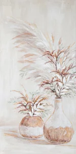 Obraz roślinny beżowo, zielony ręcznie malowany na płótnie, bukiety z trawą pampasową 60x120 cm KITTY 2
