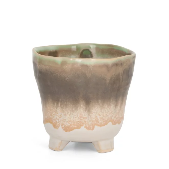 Osłonka ceramiczna na donicę  kremowo-beżowa w stylu boho z cieniowaniem średnica 11x10 cm KATIA