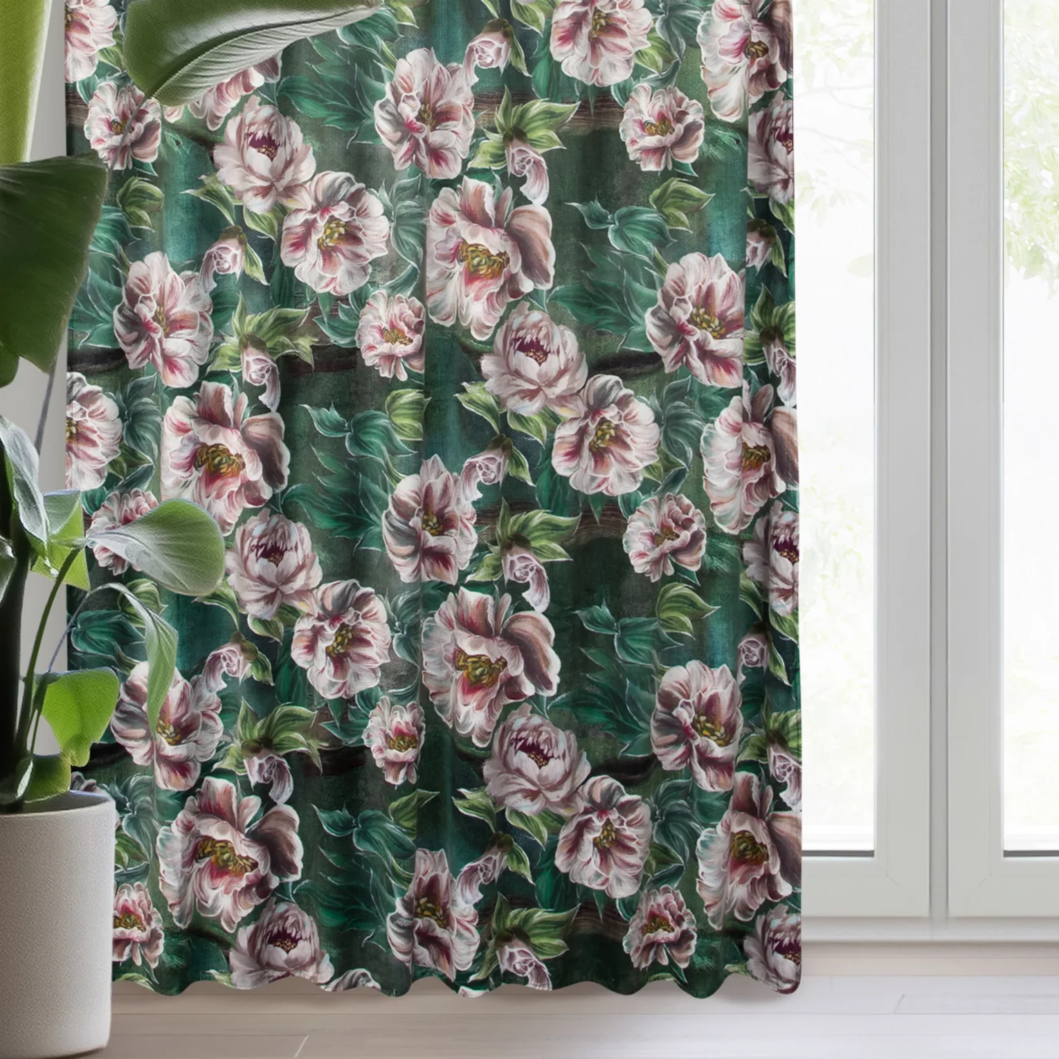 Zasłona zielono, różowa ze wzorem kwiatowym z welwetu 140x270 cm taśma /szelki - PALMERA