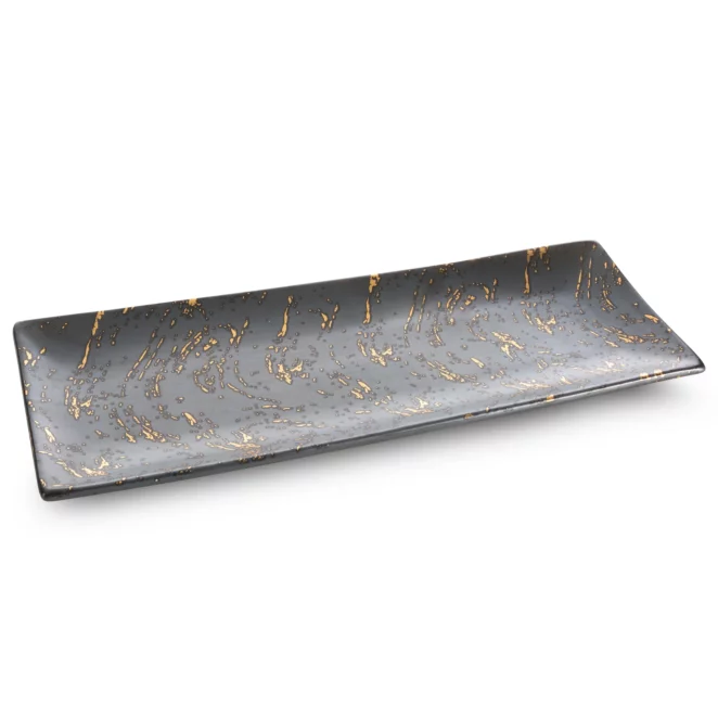 Patera ceramiczna dekoracyjna grafitowo, złota zdobiona przecieranym wzorem 38x14x4 cm ARIELA
