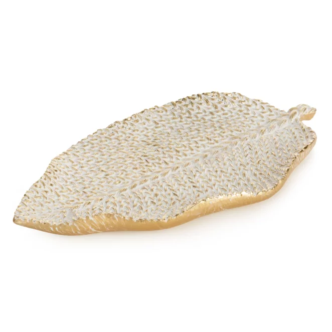Patera dekoracyjna złoto-biała zdobiona wzorem plecionego sweterka 29x16x3 cm MOLI