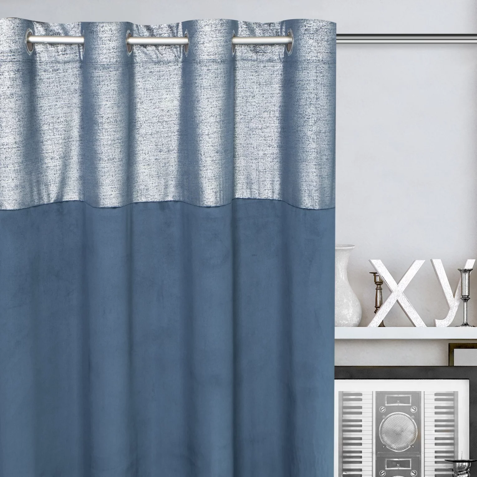 Zasłona welwetowa granatowa z dekoracyjnym pasem 140x250 cm przelotka - PERI