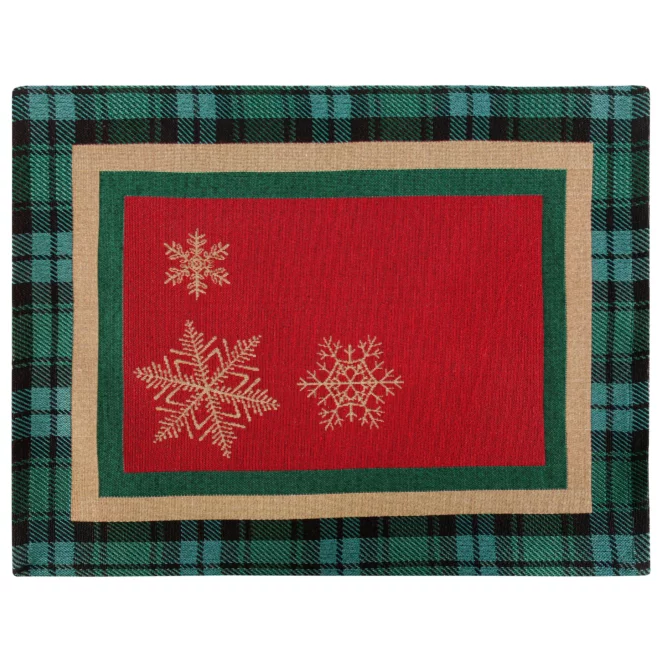 Podkładka na stół czerwono, zielona 35x45 cm gobelinowa CHERRY z motywem złotych śnieżynek i ozdobną kantą w kratę