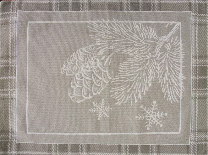 Podkładka na stół ciemnobeżowa 35x45 cm gobelinowa HOLLY z motywem świątecznym i ozdobną kantą w kratę