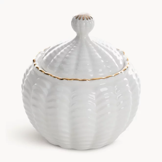 Pojemnik ceramiczny dekoracyjny kremowo-złoty z wypukłym wzorem średnica 10x11 cm GAIA
