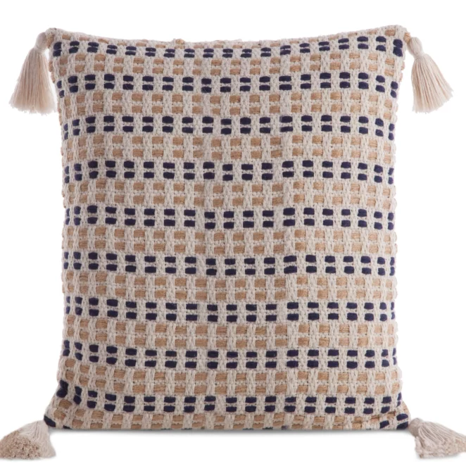 Poszewka na poduszkę 45x45 cm bawełniana kremowo granatowa z ozdobnymi chwostami na rogach BOHO