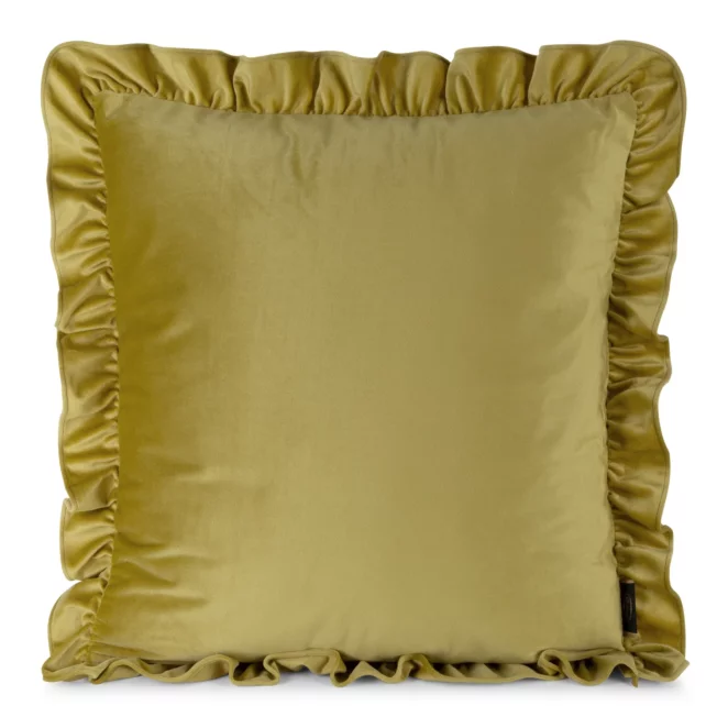 Poszewka na poduszkę 45x45 cm z aksamitnego welwetu musztardowa zdobiona na brzegach falbanami BRENDA Eurofirany Premium