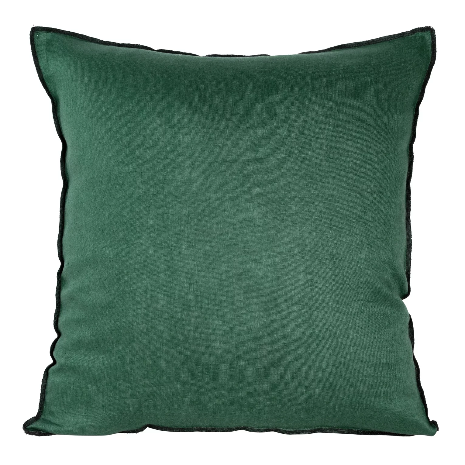 Poszewka na poduszkę 45x45 cm z naturalnej lnianej tkaniny obszyta czarną nicią zielona LEN