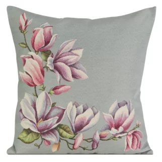Poszewka na poduszkę 45x45 cm gobelinowa popielato, różowa z tkanym motywem kwitnących magnolii GOB