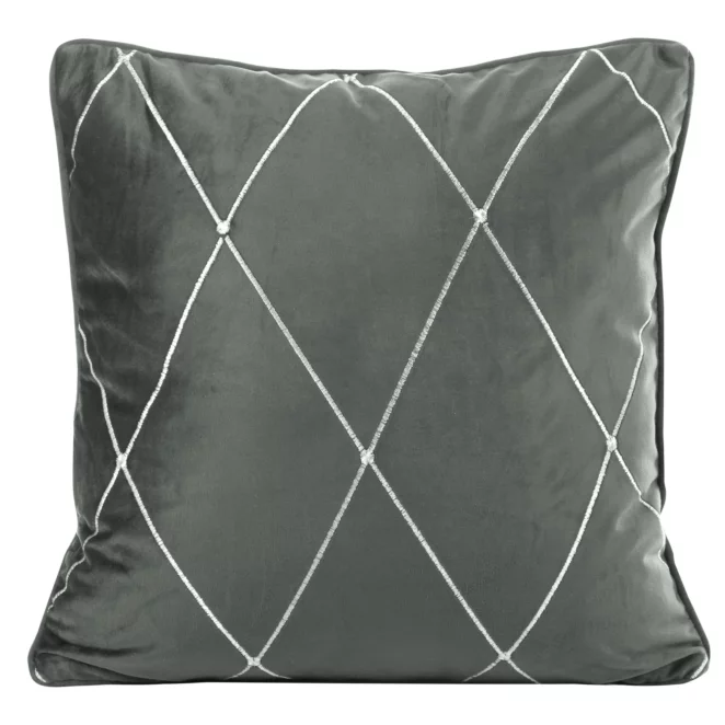 Poszewka na poduszkę 45x45 cm welwetowa, stalowo srebrna zdobiona haftem w romby oraz wypustką na brzegach MARGO PIERRE CARDIN