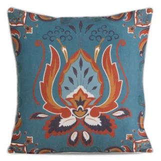 Poszewka na poduszkę 45x45 cm bawełniana z dodatkiem lnu z nadrukiem ornamentu turkusowo, pomarańczowa LEN