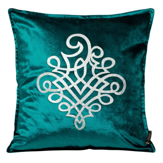 Poszewka na poduszkę 45x45 cm welwetowa kolor ciemnoturkusowy z srebrnym ornamentem ROYAL 3