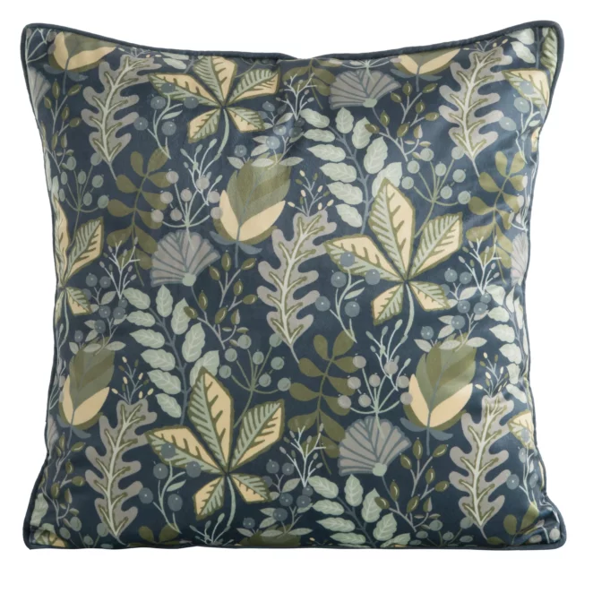 Poszewka na poduszkę 45x45 cm welwetowa, granatowo zielona zdobiona nadrukiem liści i elegancką lamówką VELVET 107