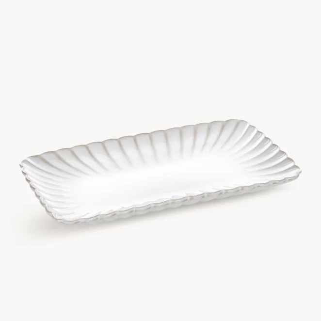Patera ceramiczna dekoracyjna kremowo-beżowa prostokątna  zdobiona przecieranym wzorem w stylu eko 25x15x3 cm AVRIL